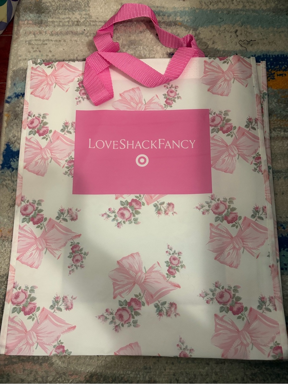 LoveShackFancy x Target Pink Floral Bow-Print Tote with Pink Handles